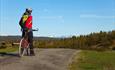 Syklist på stølsvei over tregrensa med utsikt til snødekte fjell i horisonten.