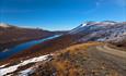 On the hill towards the highest point of the road over the pass Smådalsfjellet with a mesmerizing view over Lake Helin. The sky is blue and the birch