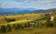 Vakker kulturlandskap med litt granskog, åpne grønne beiter, noen stølshytter og høye fjell i bakgrunnen.