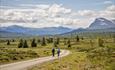 Cycling along Mjølkevegen with a beautiful view towards mountains.