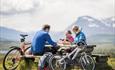 Time for a break on a family cycling trip on Stølsvidda, with the characteristic Skogshorn in the background.