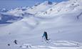 3 persons on their way down a mountain on randonee skis. Wild mountains in the background.