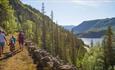 A familiy walks along a historical grass-overgrown road  in a steep hillside along a lake.