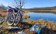 Two bicycles against a small birch tree next to a small lake. Thermos and cinamon buns og a lichen-covered rock.