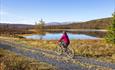 Fahrradfahrer auf einem Schotterweg vor einem spiegelblanken See im Herbst