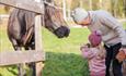 A woman and a little girl say hi to a horse