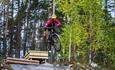 A cyclist jumping over an obstacle in  the terrain cycling area at Leira