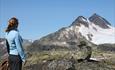 En dame med hestehale og blå jakke står og beundrer kvasse fjell.
