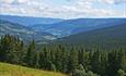 View over spruce forest and meadows down a broad valley with a lake in the background and a mountain ridge yet beyond.