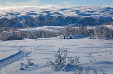 Langrennstur i flotte omgivelser på fjellet.