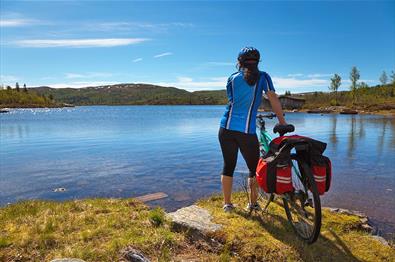 Female cyclist with a blue cycling shirt stands next to her bike looking out on a blue lake.