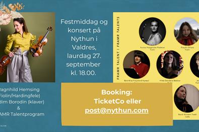 Informasjon om program, og bilder av de som skal spille. Festmiddag og konsert på Nythun i Valdres, laurdag 27.september kl 18:00. Booking på ticketco.