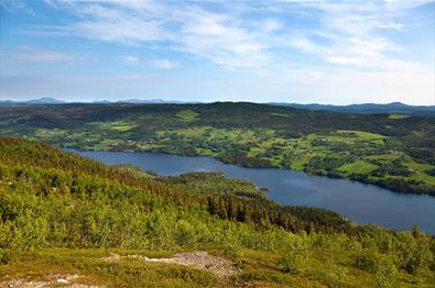 View from Jutulknatten over Lake Steinsetfjorden og towards Goaren (the hill on the far side of the lake). The cycling tour "Steinsetfjorden rundt" le