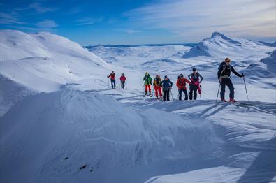 Group of 9 persons on their way up a mountain on randonee skis. Snow covered mountains in the background.