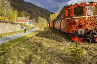 Am alten Haltepunkt Bjørgo entlang der Valdresbahn liegen zwei grasüberwachsene Schienengänge, und auf einem von ihnen steht ein alter Zug mit Lok und drei Güterwagen. Ein Radfahrer fährt auf dem Radweg, der nebenher verläuft.