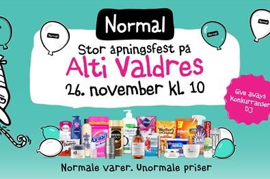 Plakat med produkter fra Normal og teksten: Stor åpningsfest på Alti Valdres 26. november kl 10