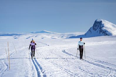 Two skiers in beautiful scenery in the mountains
