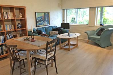 Image of the living room with a dining table for four, a sofa and an arm chair.