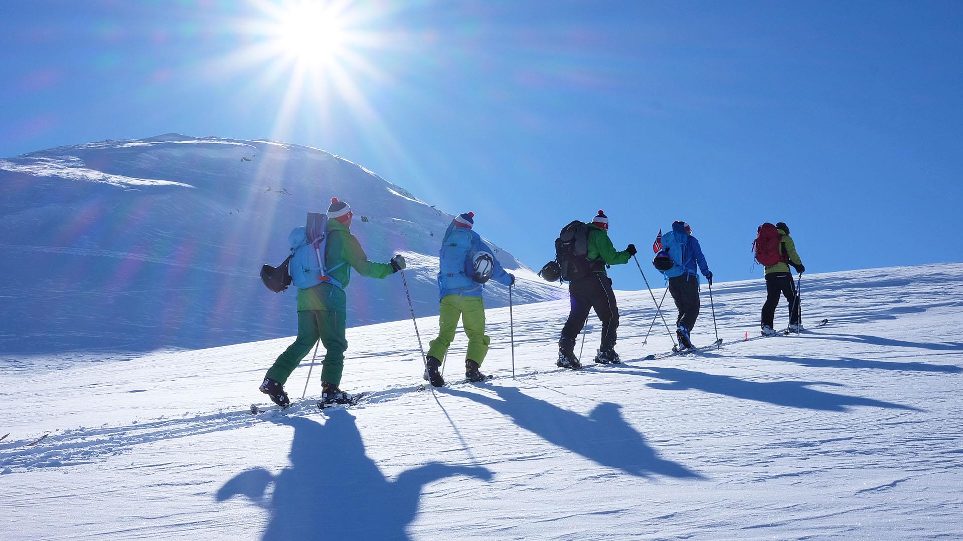 Five mountain skiers on their way up a hillside while the sun is shining from a blue sky.