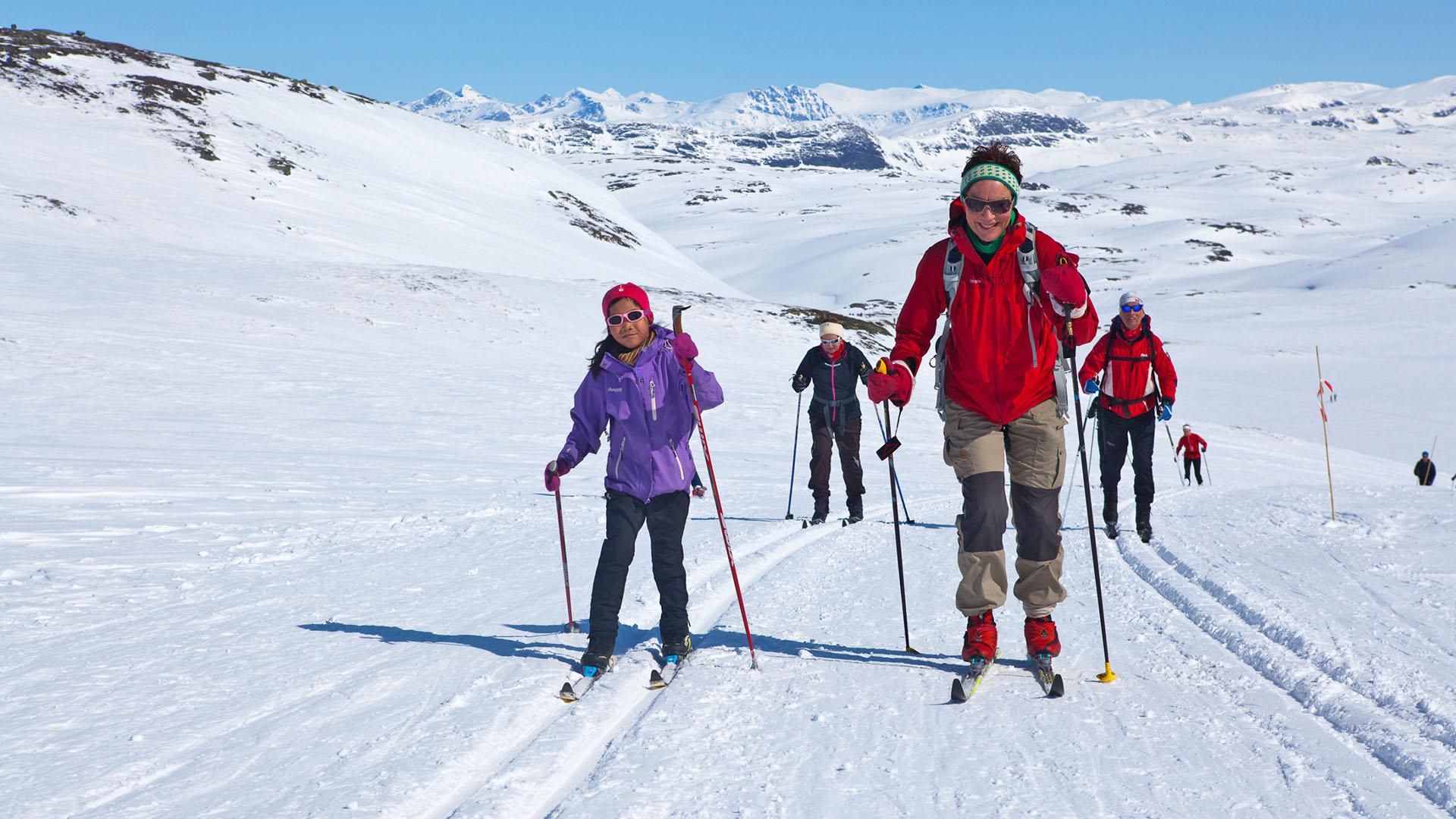 Cross-country skiiers in a long ascent in groomed tracks with Jotunheimen's high mountains in the background.