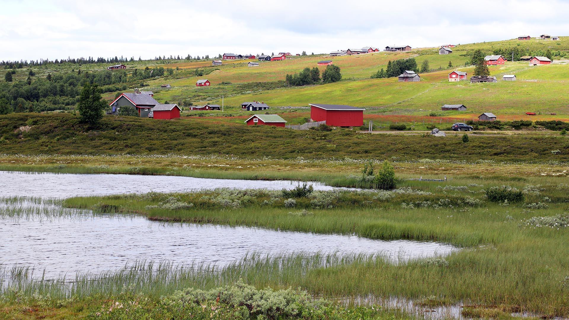 Stølsgrend i en li med fjellvann i foregrunnen