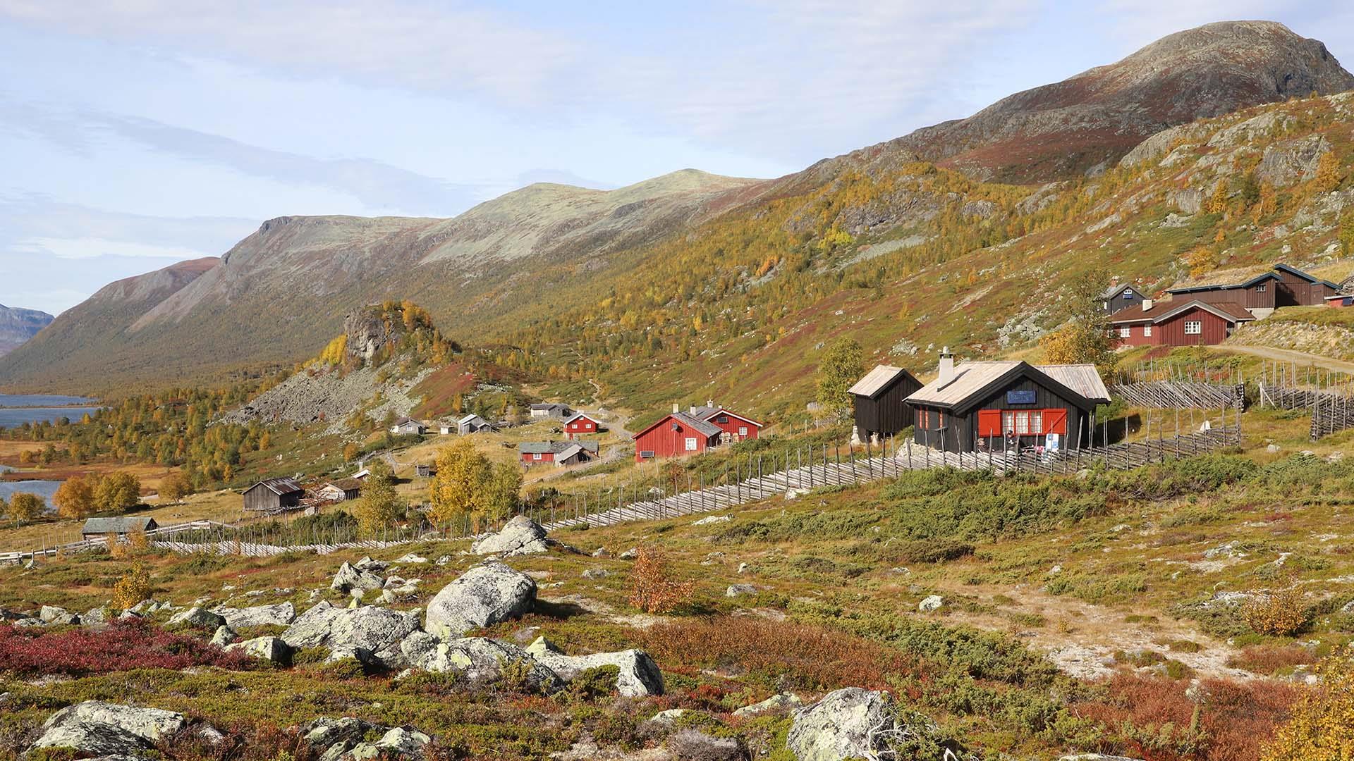 Liten stølsgrend i høstlig fjellandskap