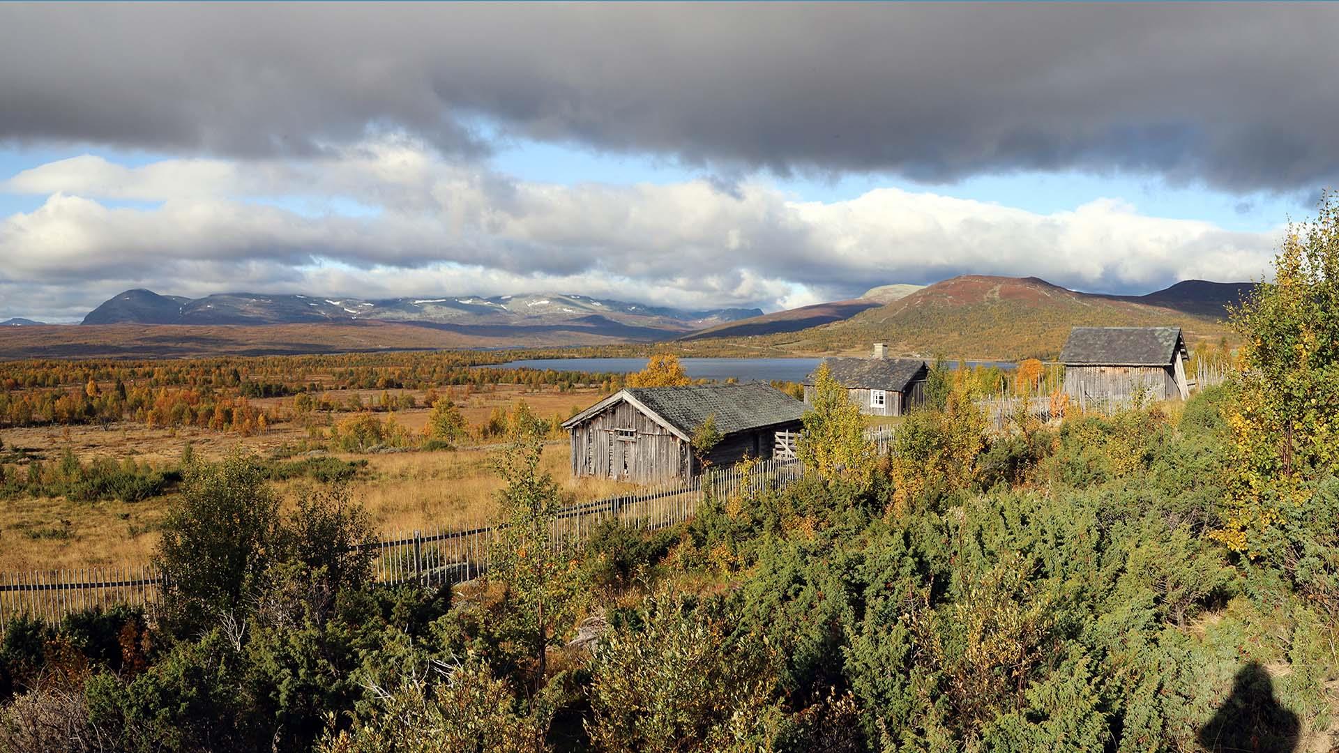 Stølshus i åpent høstlandskap med fjell i det fjerne