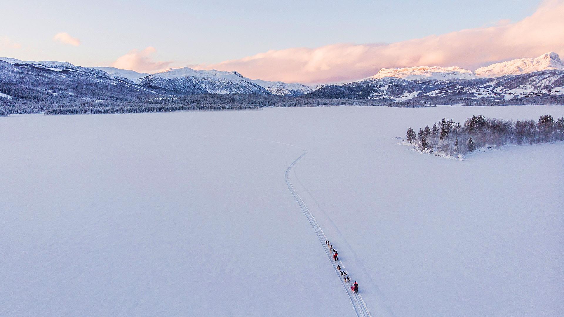 Aerial photo of two dog sledding teams on a lage snow-covered lake. The sun is low and lights up mountains in the far background.