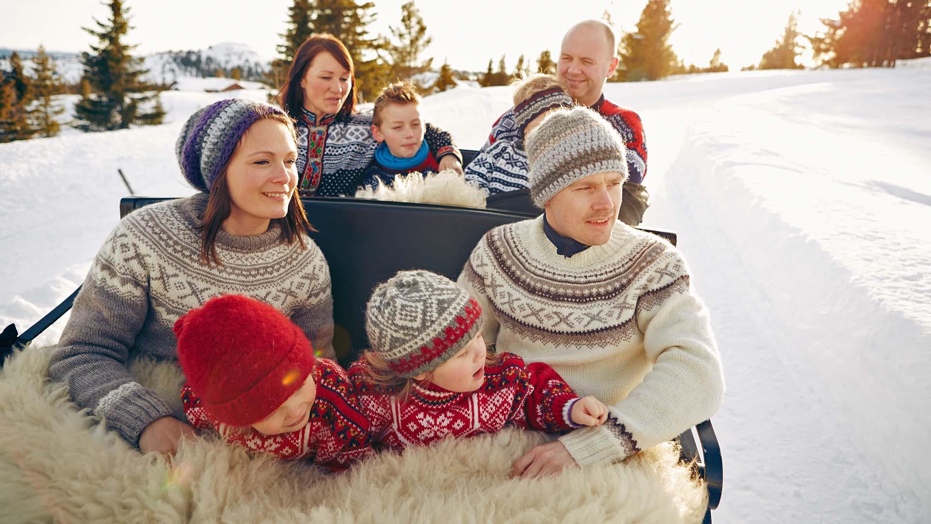 Eine Familie mit traditionellen norwegischen Wollpullovern und Mützen sitzt in einem Pferdeschlitten, gut in weiche Schaffelle eingepackt.