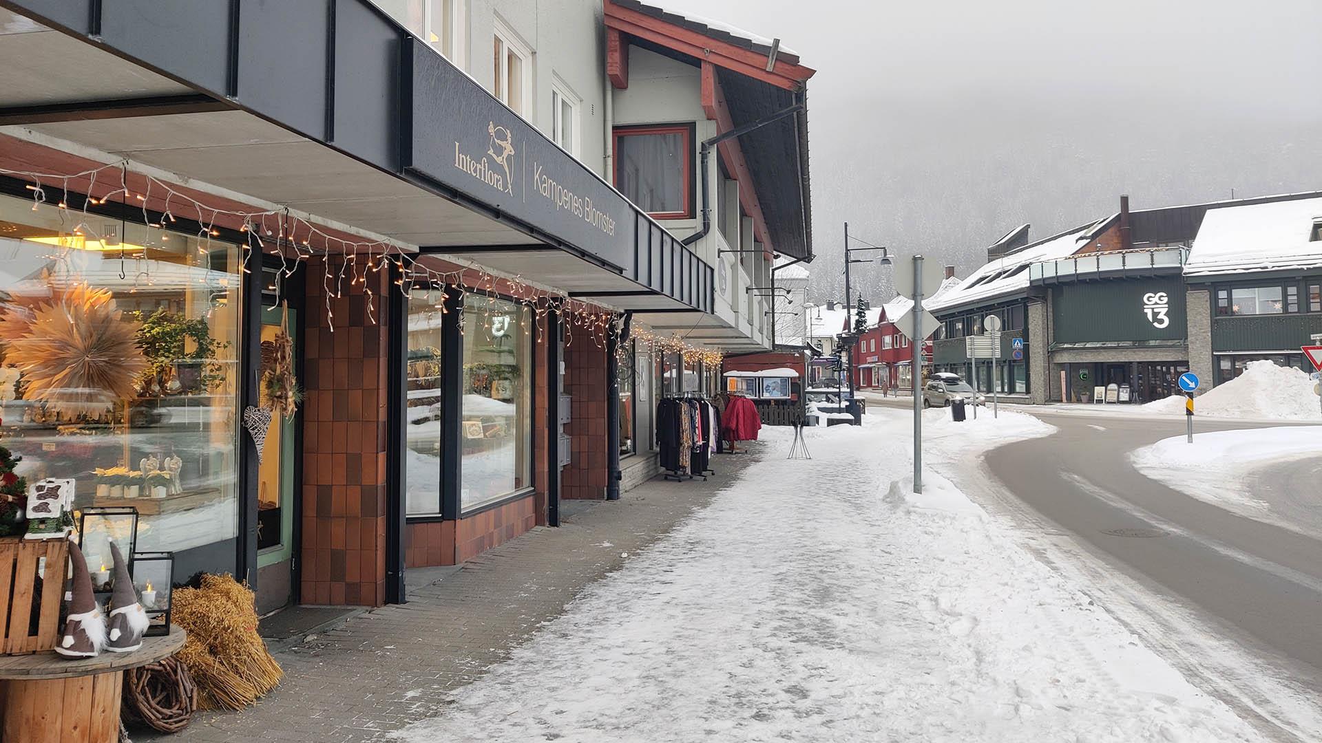 Fagernes town centre in winter with street level shops