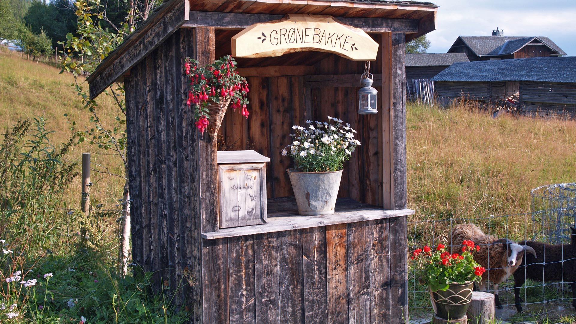 Eine traditionelle Milchrampe an der Einfahrt zu einem Hof ist mit Blumentöpfen geschmückt.