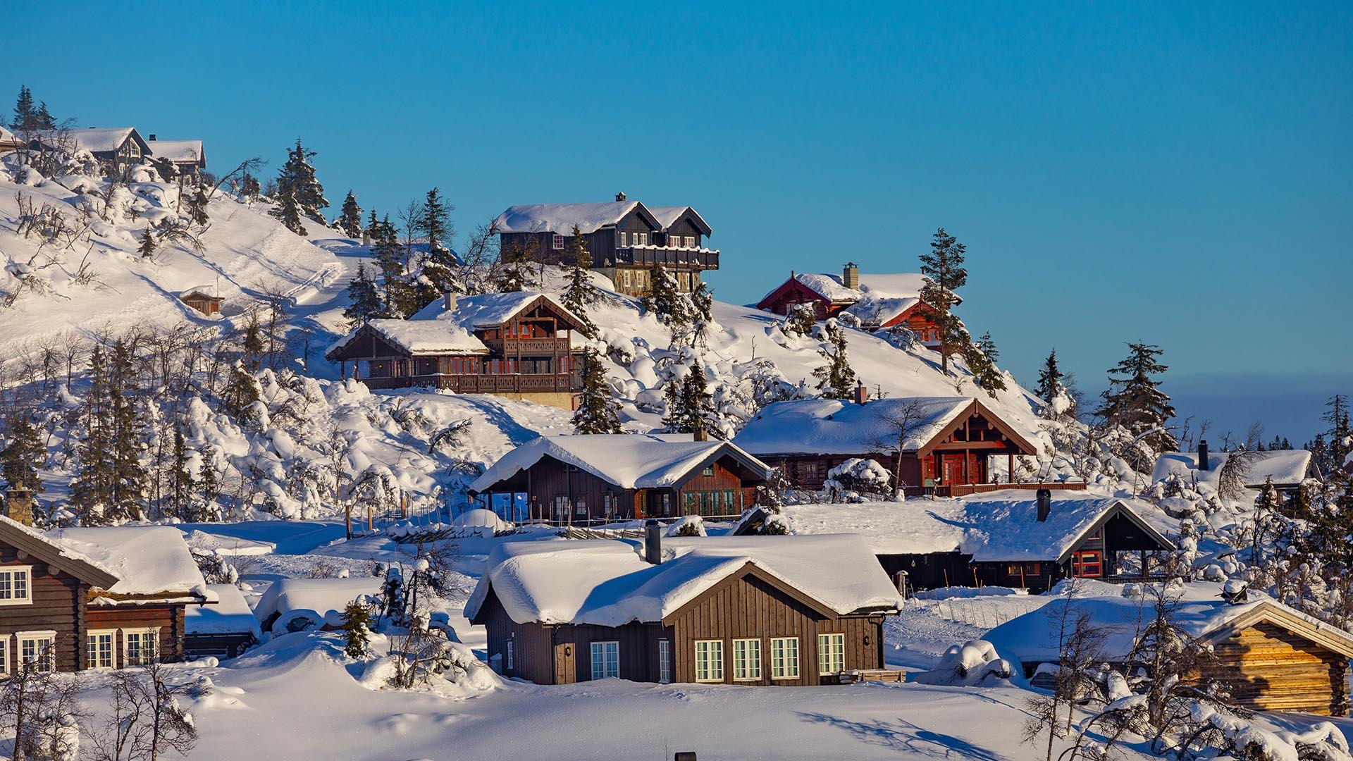 Hütten an einem sonnigen Hang im Winter mit Schnee auf Boden, Bäumen  und Dächern