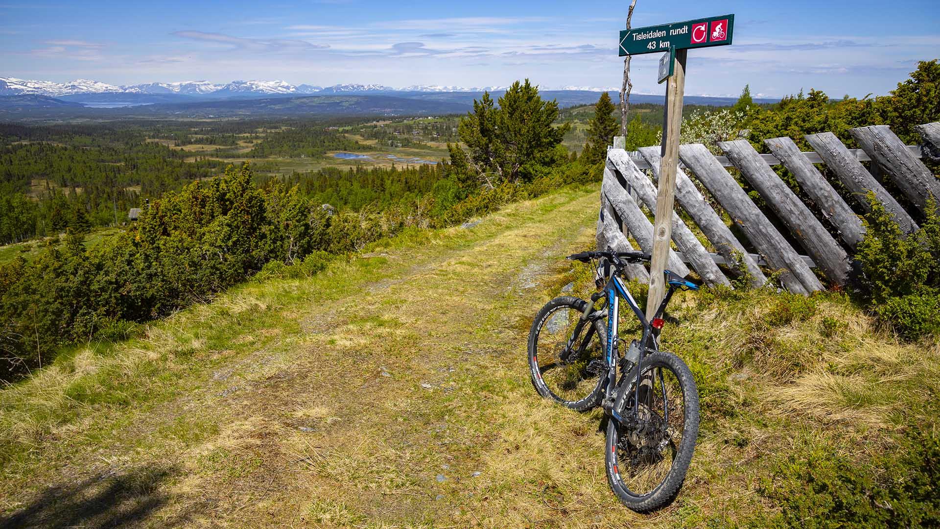 A broad grass trail leads past a wooden fence in open mountain farming country with juniper bushes and high mountains at the far horizon. A bicycle is put against a signpost that shows the way.