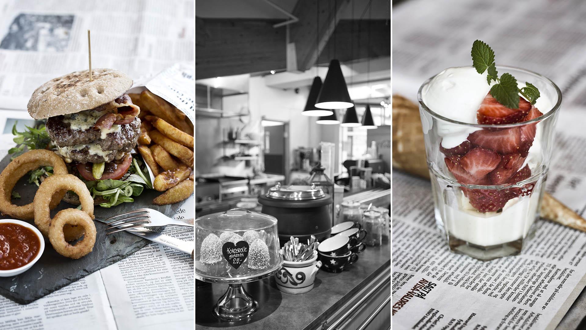 Collage med tre ulike bilder av retter fra Valdres Mathus; hamburger, kaker og en jordbærdessert i glass.