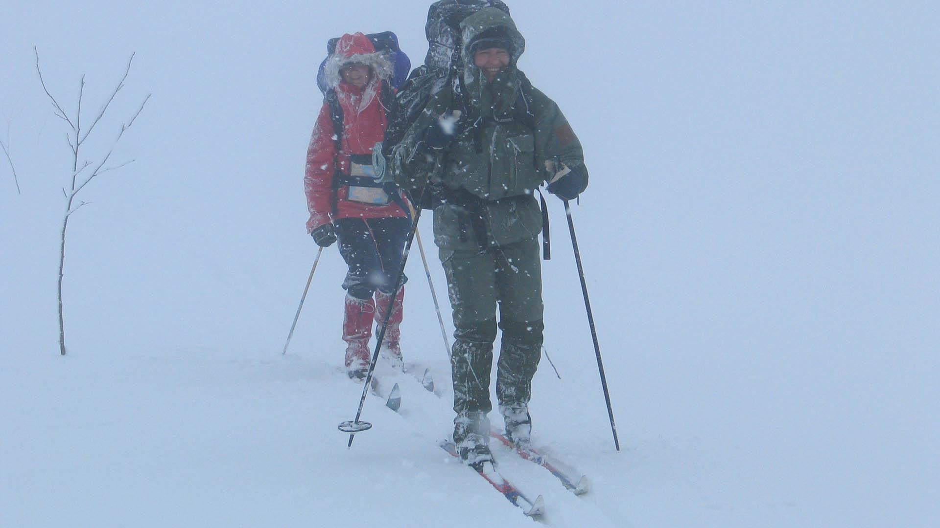 Back-country skiers with backpacks on a marked winter route in white-out. You can only see the marking pole that they are passing, nothing else.