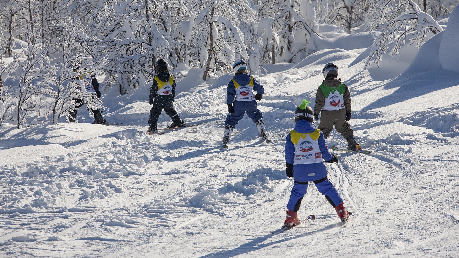 En gruppe barn på ski med skiskole-vester kjører en skogsløype