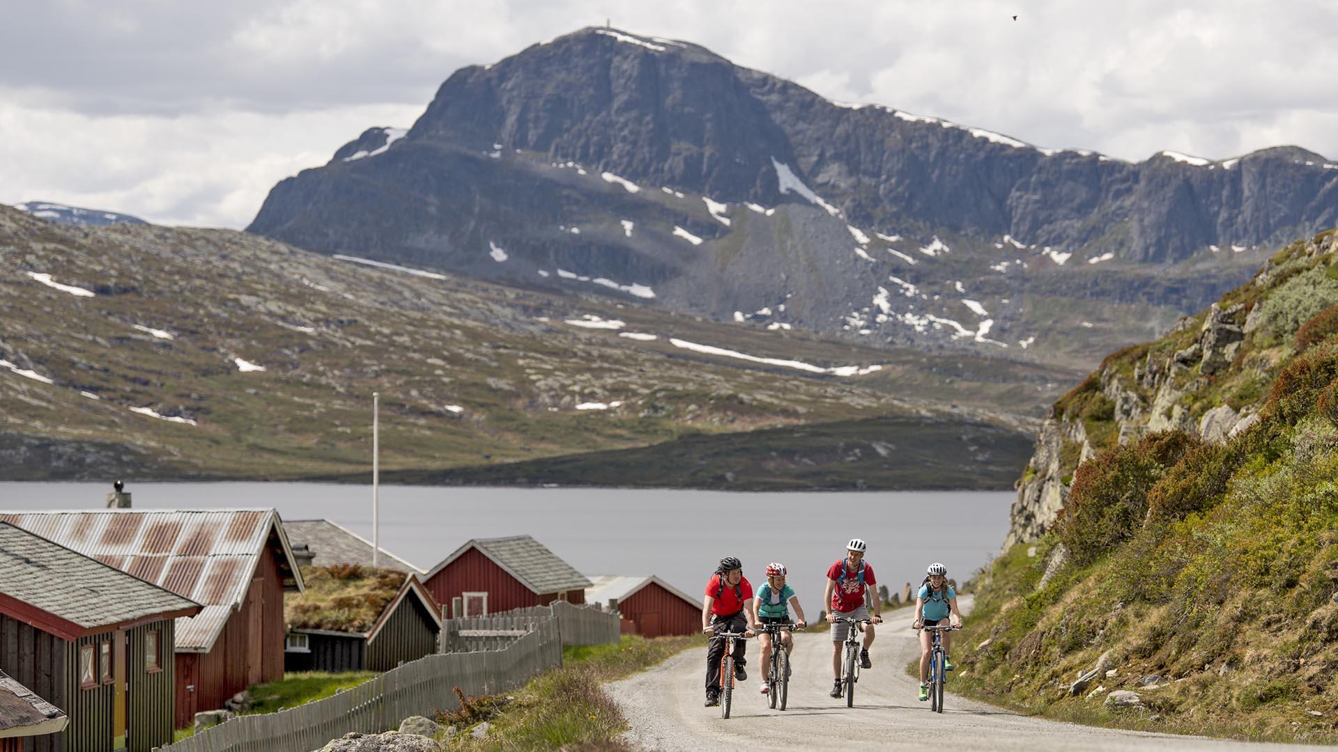 Four cyclists on a gravel road in the high mountains turning around a bend. On the right side of the road there's a rock cliff, on the other some red farm houses. Behind that is a lake, and a high mountain dominates the background.