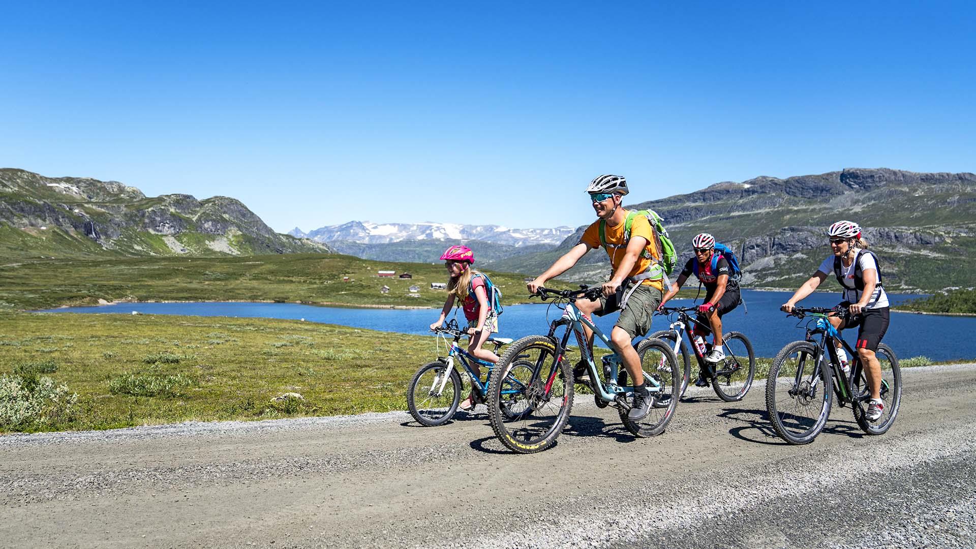 En familie på terrengsykler sykler forbi et fjellvann med høye fjell langt i bakgrunnen en skyfri sommerdag.