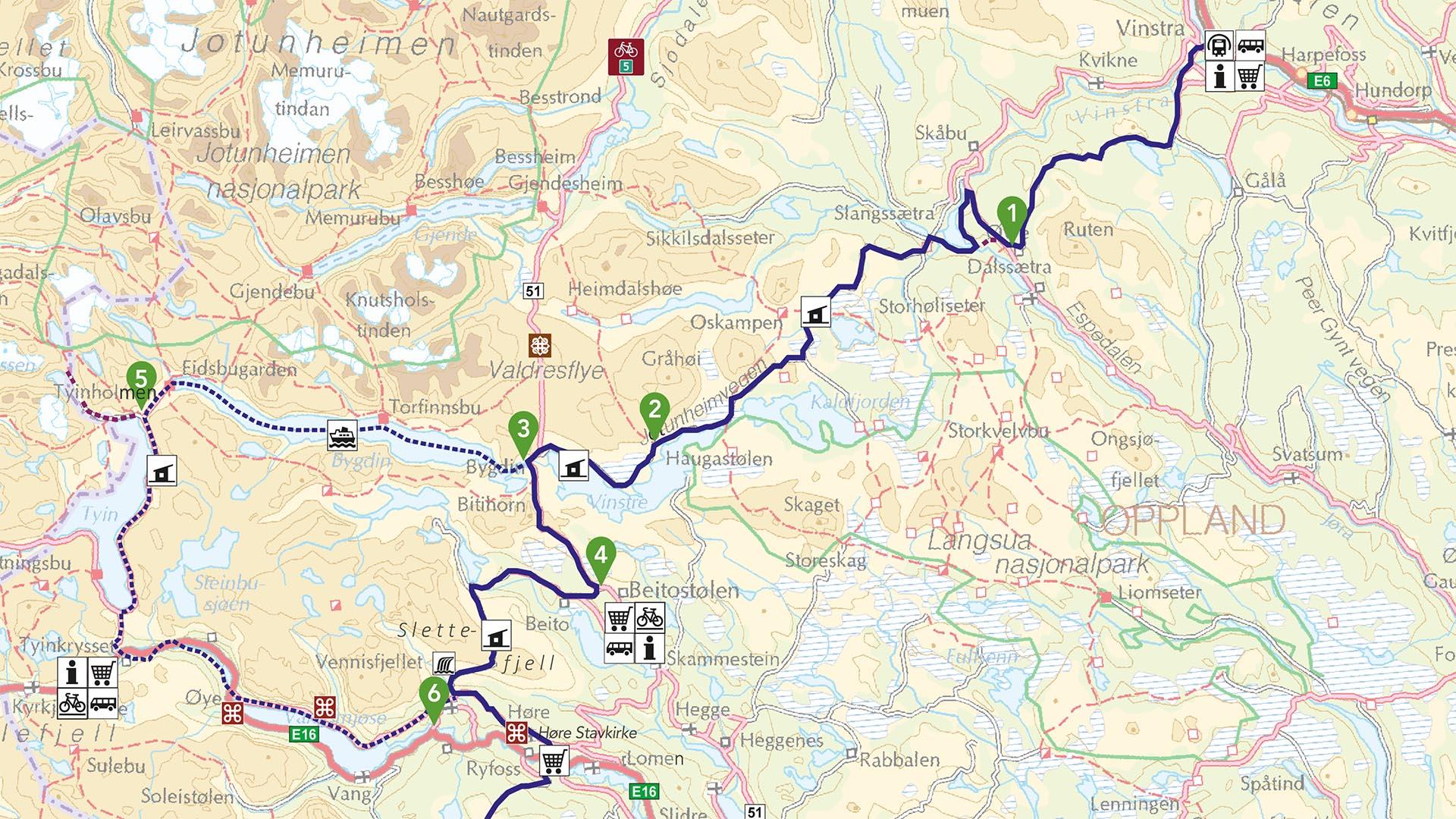 Image of a map that shows the northern part of the cycling route Mjølkevegen.