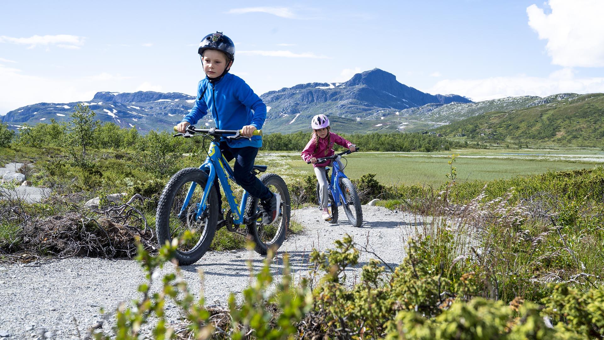 Two children cycle a sustainably built mountain biking trail on a flat with a mountain in the background.