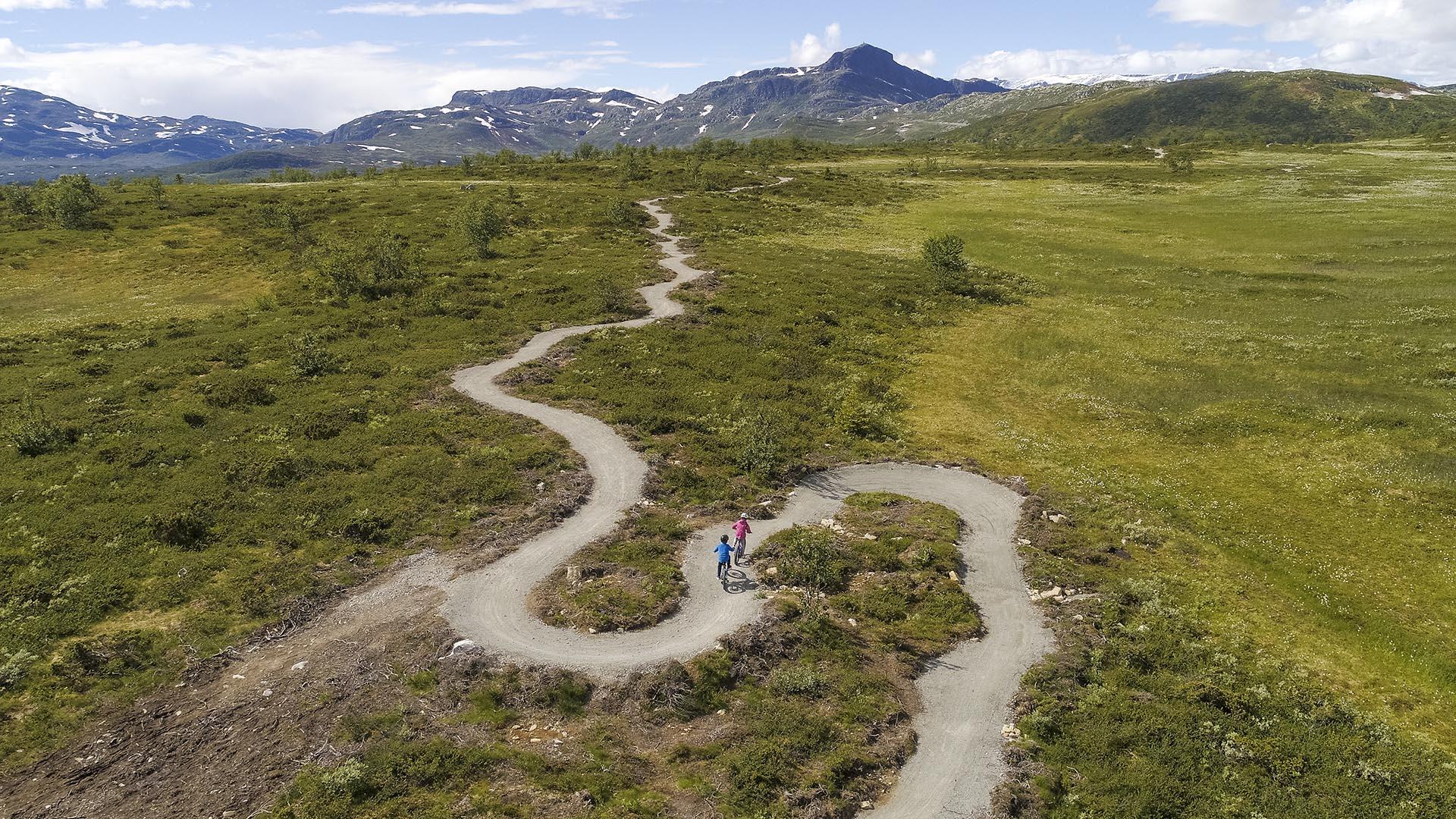 Ein nachhaltig angelegter Mountainbiking Trail schlängelt sich über eine offene Hochebene mit Bergen im Hintergrund.