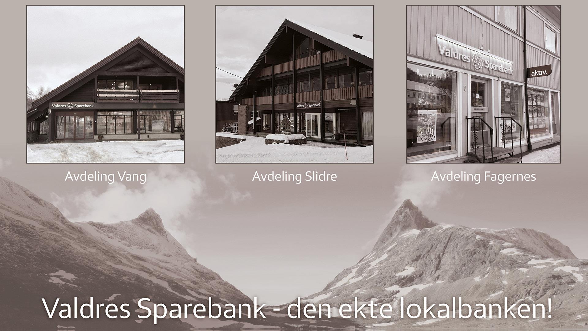 A collage in brown-white colours with a mountain landscape motive and three embedded images of different bank buildings.