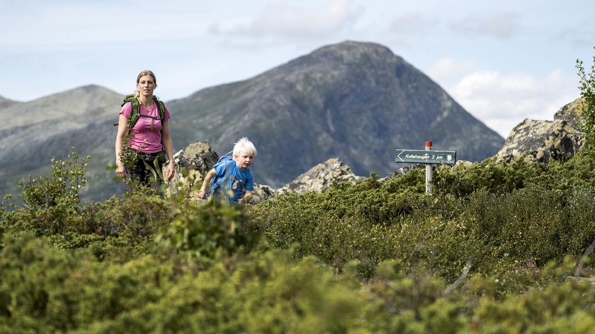 Eine Frau und ein kleiner Junge bei einem Wanderskilt in offener Fjellandschaft mit Buschvegetation und einem Berg im Hintergrund.