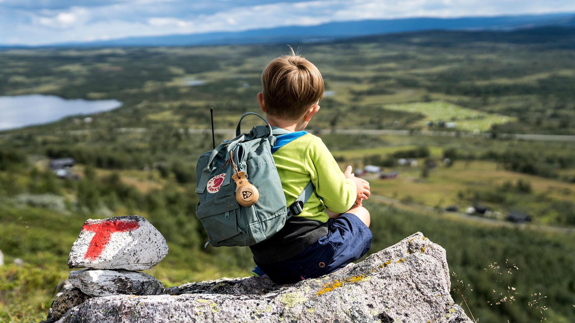 Ein Junge mit einem kleinen Rucksack sitzt auf einem Stein, der eine Wanderwegmarkierung trägt, und schaut über eine große Ebene mit einem See und Almen.
