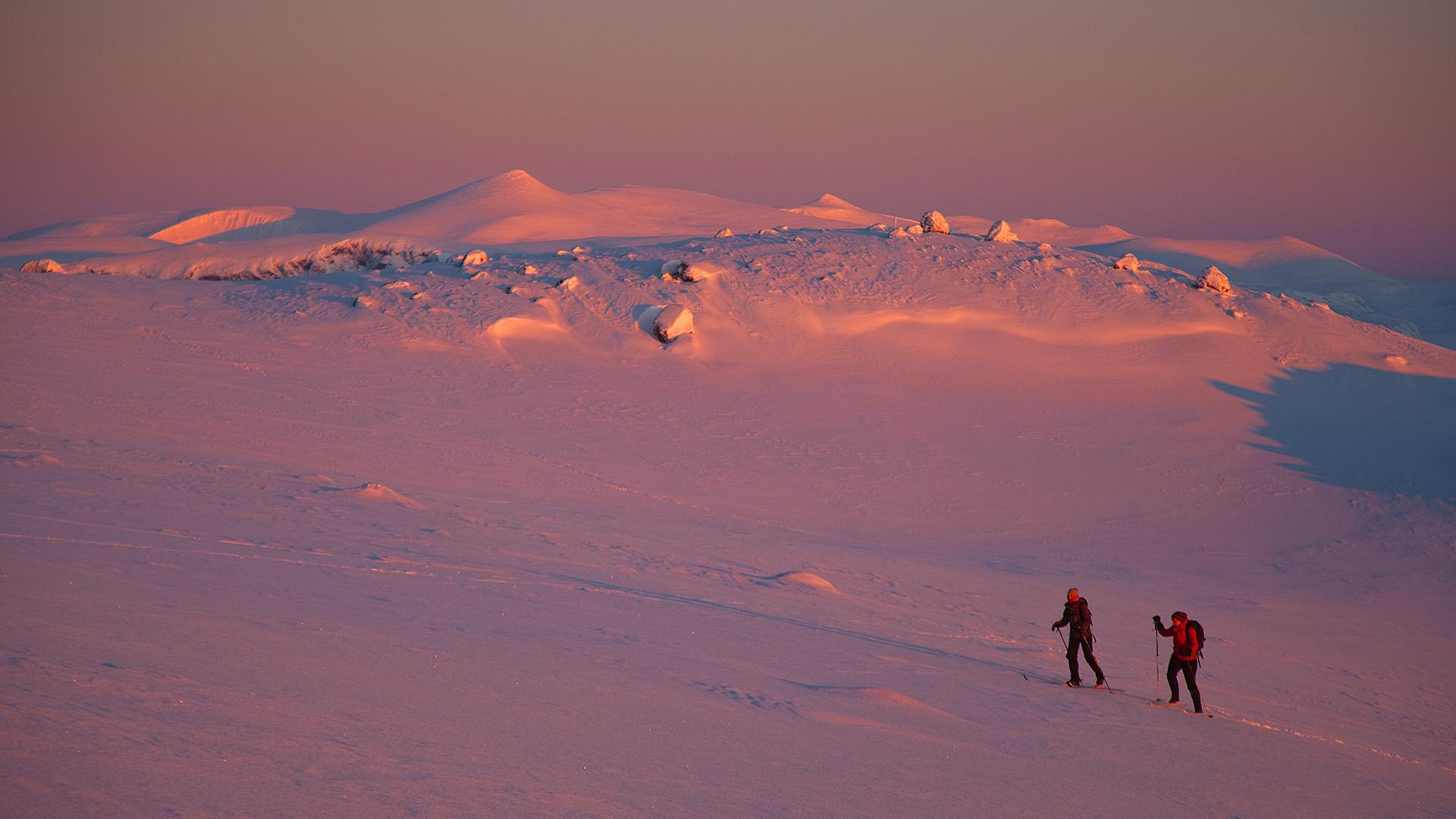 Two back-country skiers in the winter-mountains on their way uphill with peaks rising in the background. The sunrise paints the whole scene - snow-covered ground and sky - in reddish-pink coloures.