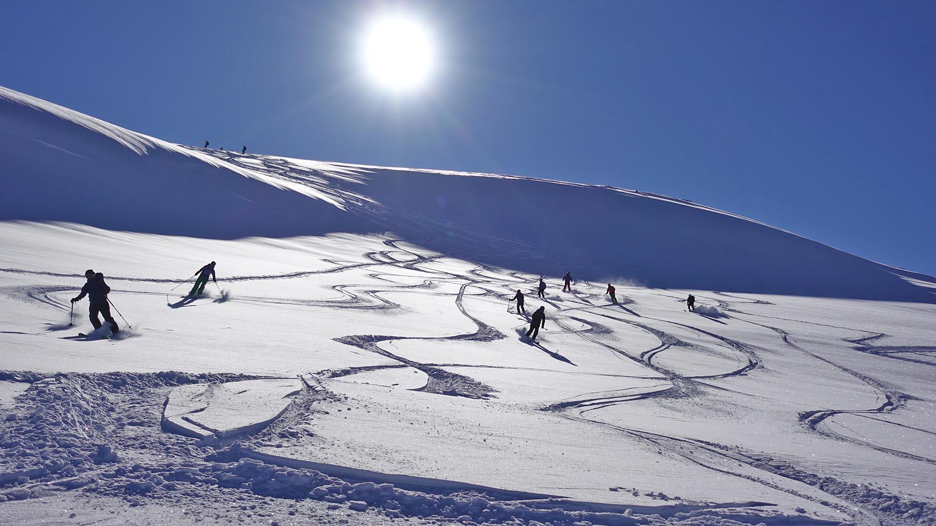 Group of 8 people on their way down the mountain on randonee skis with the sun and a blue sky behind them.