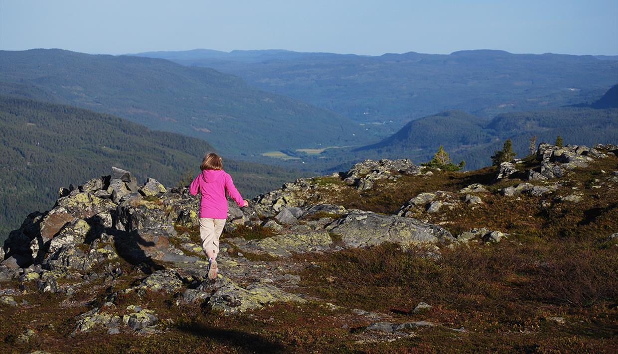 A girl in a pink sweater on a rocky edge with a far view beyond.