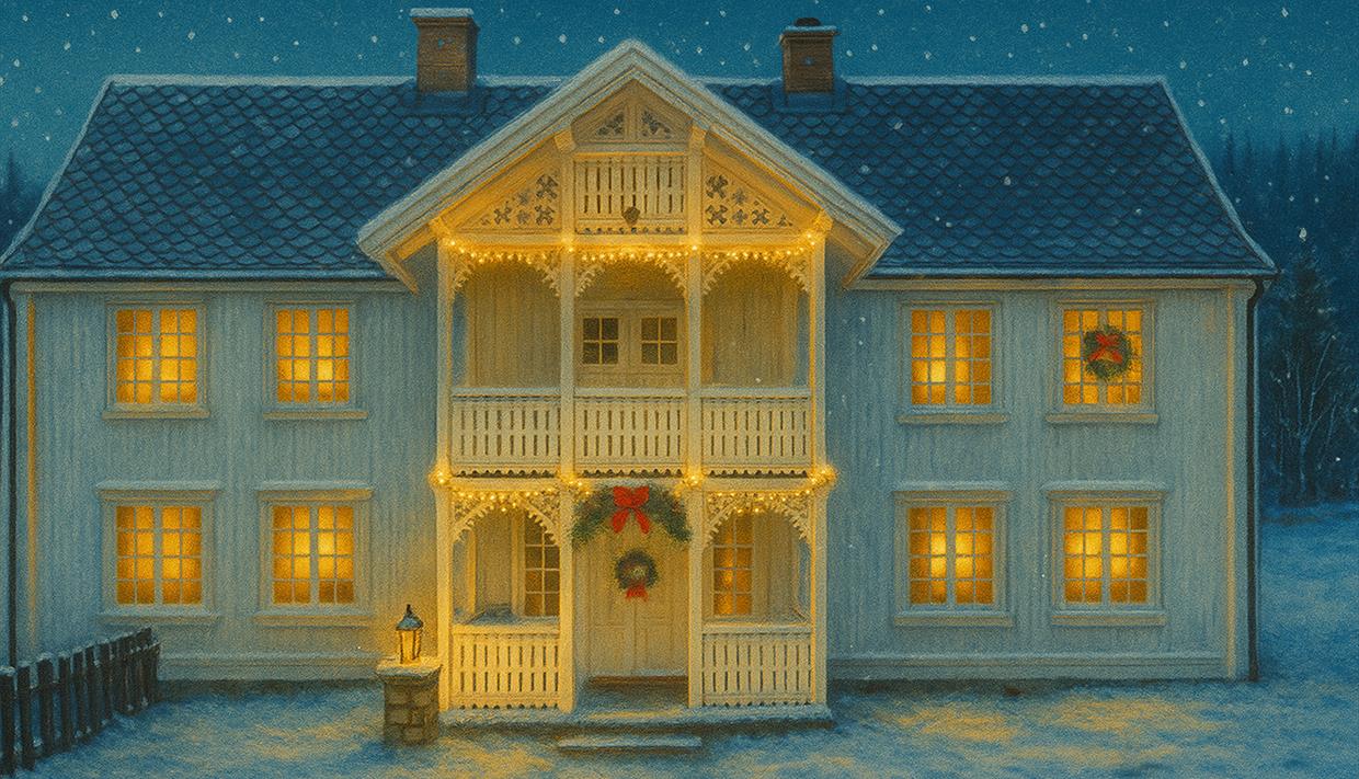 Blåflat gard, julepyntet av AI. Blåflat gard, julepyntet av AI.