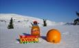 Kvikk Lunsj, appelsin og Solo med utsikt til fjell på Jomfruslettfjellet.