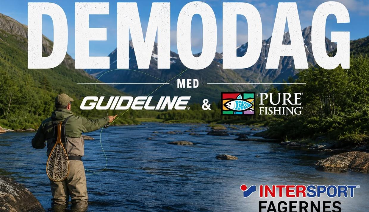 Plakat som viser en som fiske i ei elv med teksten demodag og guideline og pure fishing. Plakat som viser en som fiske i ei elv med teksten demodag og guideline og pure fishing.